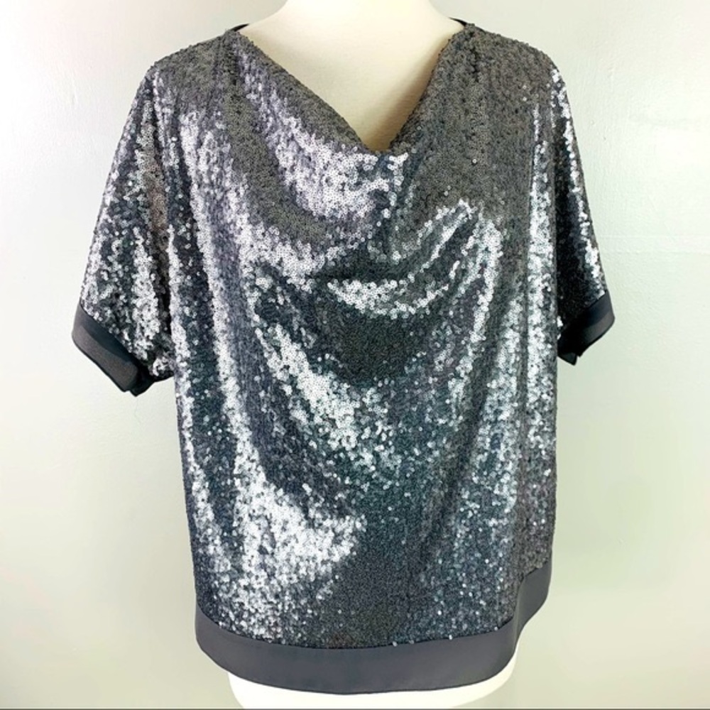 Halston NWT Large Cowl Neck Silver Sequin Top $109